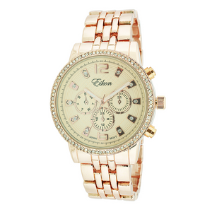 Round Face Stick Dial Link Watch With Stones（Gold）