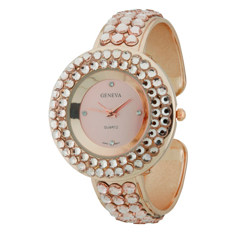 GLITTER CRYSTAL STONES ROUND FACE CUFF WATCH COLLECTION