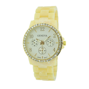 Round Face with Stones Plastic Link Watch(Beige face)