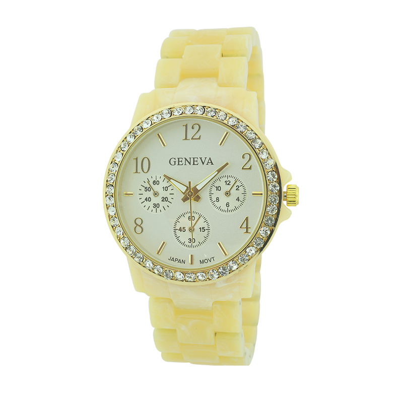 Round Face with Stones Plastic Link Watch(Beige face)