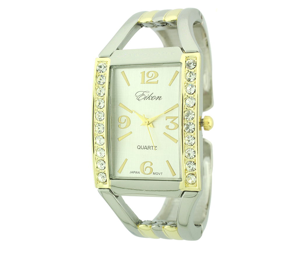 Rectangle Face Arabic & Stick Cuff Watch With Stones Around Dial.
