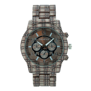 LARGE ROUND FACE MATTE FINISH PLAID PATTERN METAL LINK WATCH