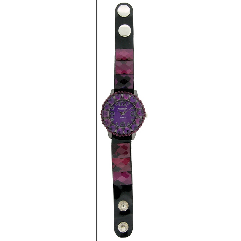 FANCY STRAP WATCH, ROUND FACE WITH SQUARE CRYSTALS AND BUTTON.