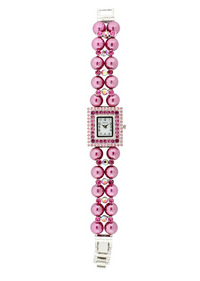 SQUARE FACE WITH CRYSTAL AROUND, 2 ROWS OF PEARLS BRACELET WATCH