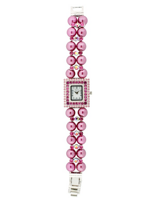 SQUARE FACE WITH CRYSTAL AROUND, 2 ROWS OF PEARLS BRACELET WATCH