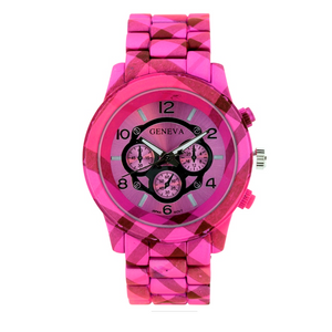 LARGE ROUND FACE MATTE FINISH PLAID PATTERN METAL LINK WATCH