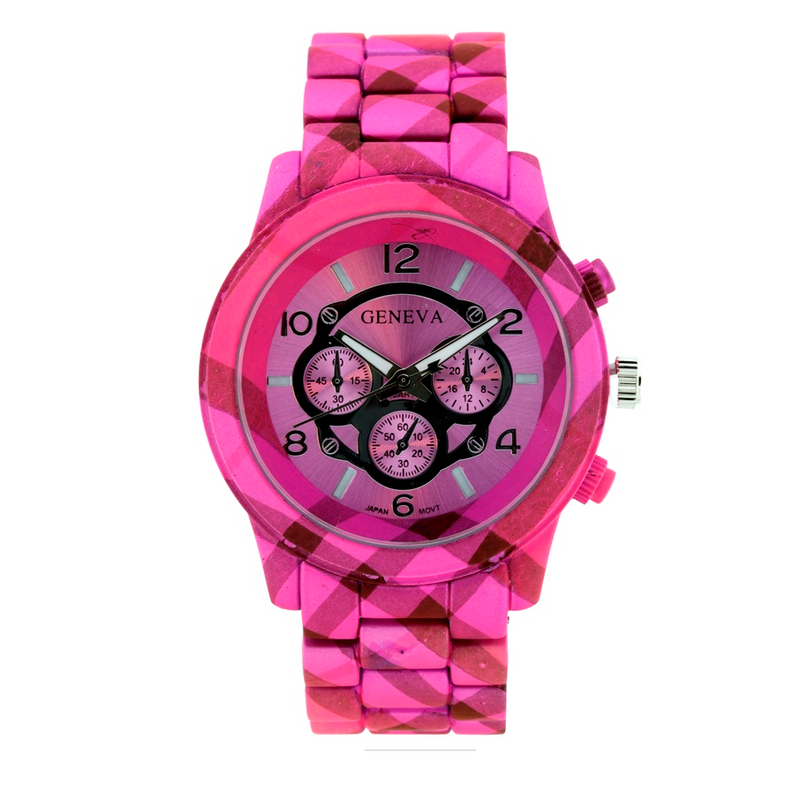 LARGE ROUND FACE MATTE FINISH PLAID PATTERN METAL LINK WATCH