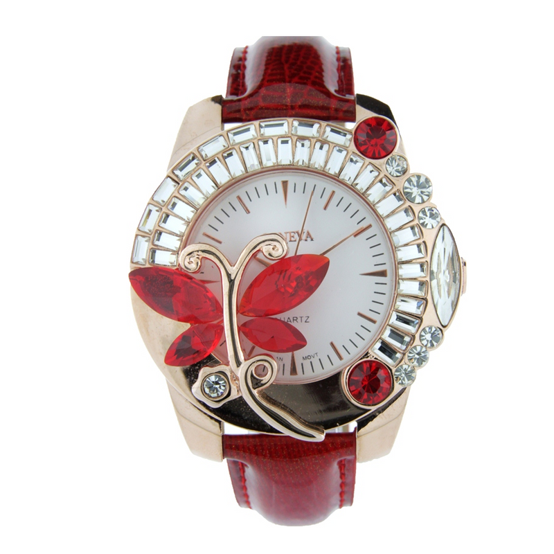 FANCY LEATHER STRAP LADY WATCH WITH BUTTERFLY CRYSTAL ON THE DIAL