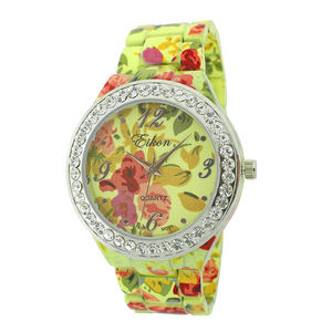 Round Face With Stones Floral Print Ceramic Look Link Watch.