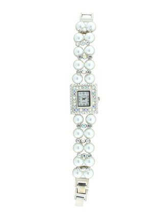 SQUARE FACE WITH CRYSTAL AROUND, 2 ROWS OF PEARLS BRACELET WATCH