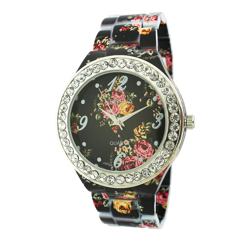 Round Face With Stones Floral Print Ceramic Look Link Watch.