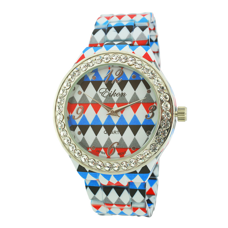 Round Face With Stones Floral Print Ceramic Look Link Watch