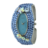 GLITTER CRYSTAL STONES OVAL FACE FLOWER STONE CUFF WATCH COLLECTION