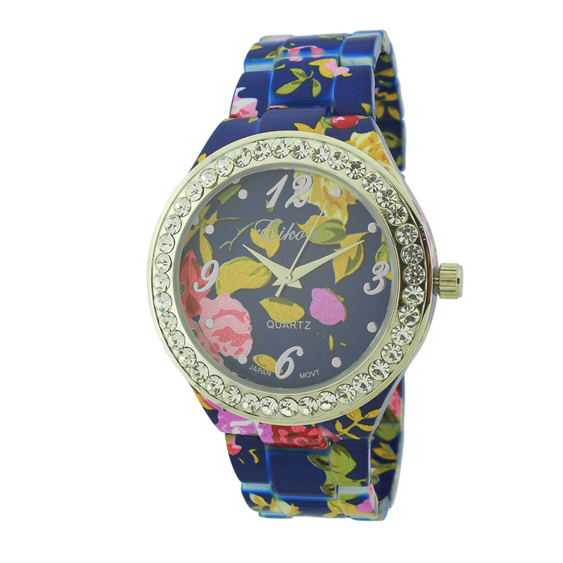 Round Face With Stones Floral Print Ceramic Look Link Watch.