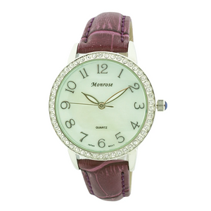 Round Face Arabic Leather Strap Watch, Mother of Pearl and Stones Dial