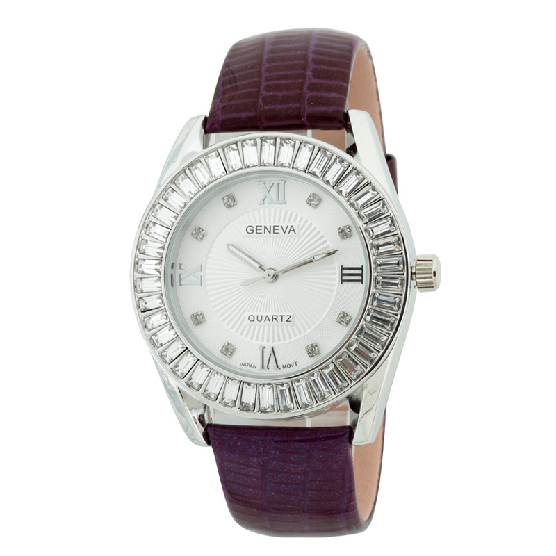 CLASSIC ROUND FACE WATCH WITH RECTANGLE STONES.GENUINE LEATHER BAND.