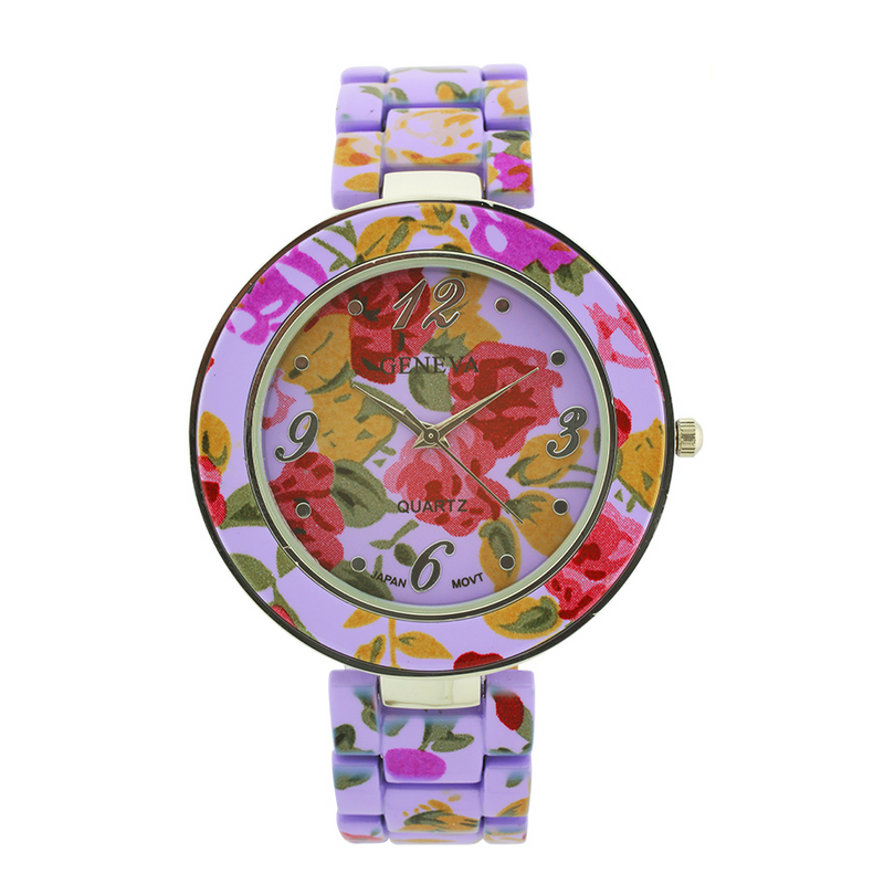 Round Face Floral Print Ceramic Look Link Watch