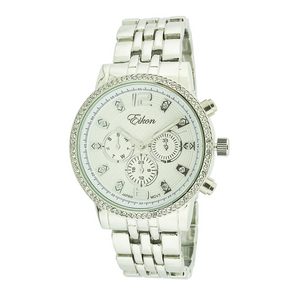 Round Face Stick Dial Link Watch With Stones（Silver）