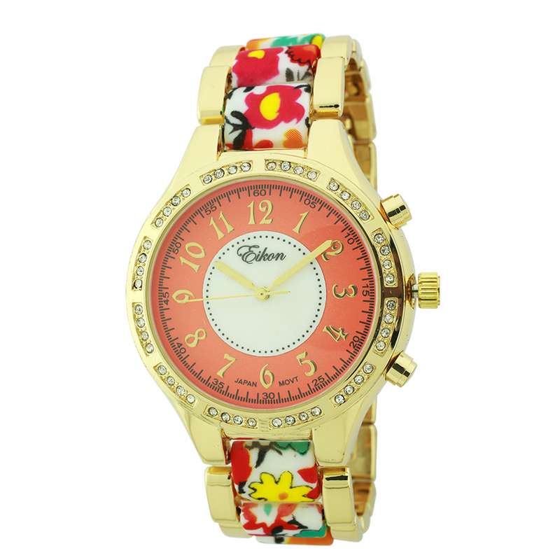 Round Face Arabic Link Watch With Flower Print(Gold)