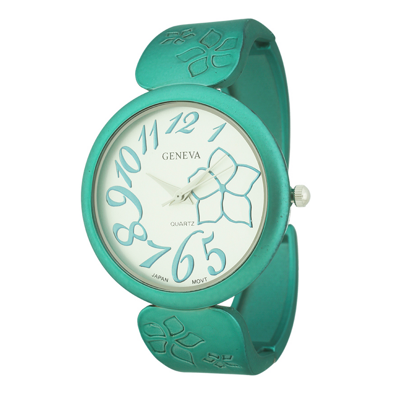 Round Face Matte Finish Cuff Watch With Flower Print