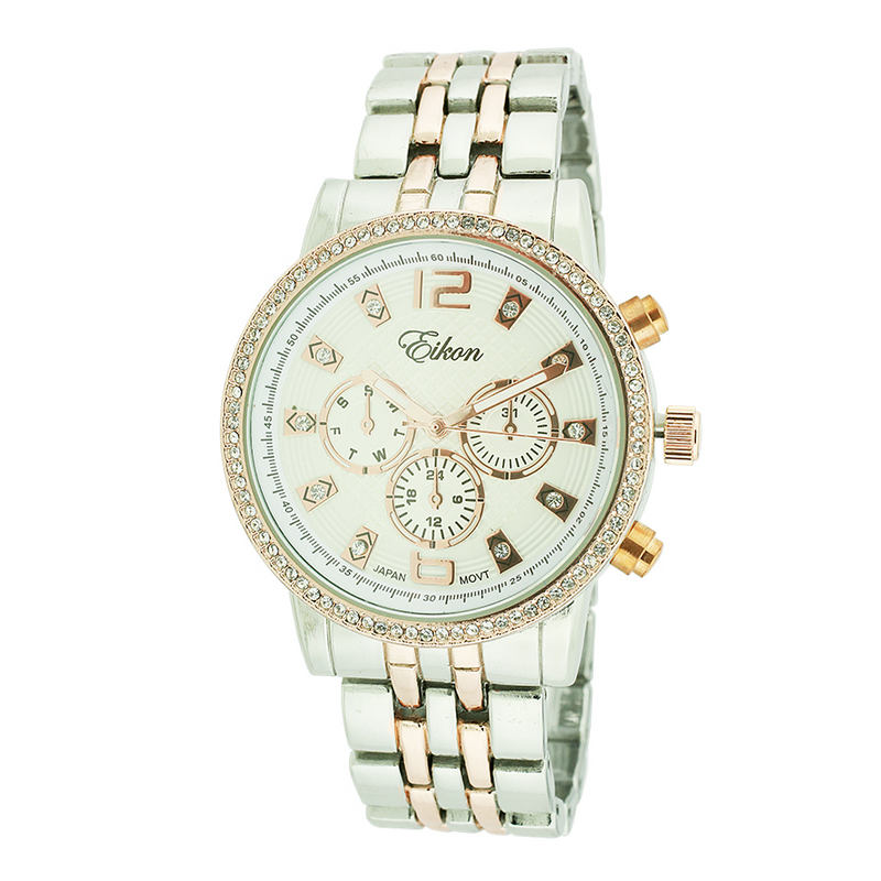 Round Face Stick Dial Link Watch With Stones（Silver）