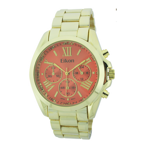 Round Face Roman Numeral Lady Link Watch With 3 Eyes(Gold)