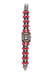 SQUARE FACE WITH CRYSTAL AROUND, 2 ROWS OF PEARLS BRACELET WATCH