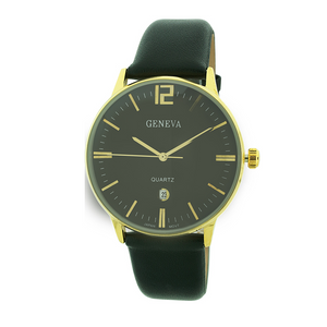 Round Face Men Watch Genuine Leather Band with Date(Black Face)