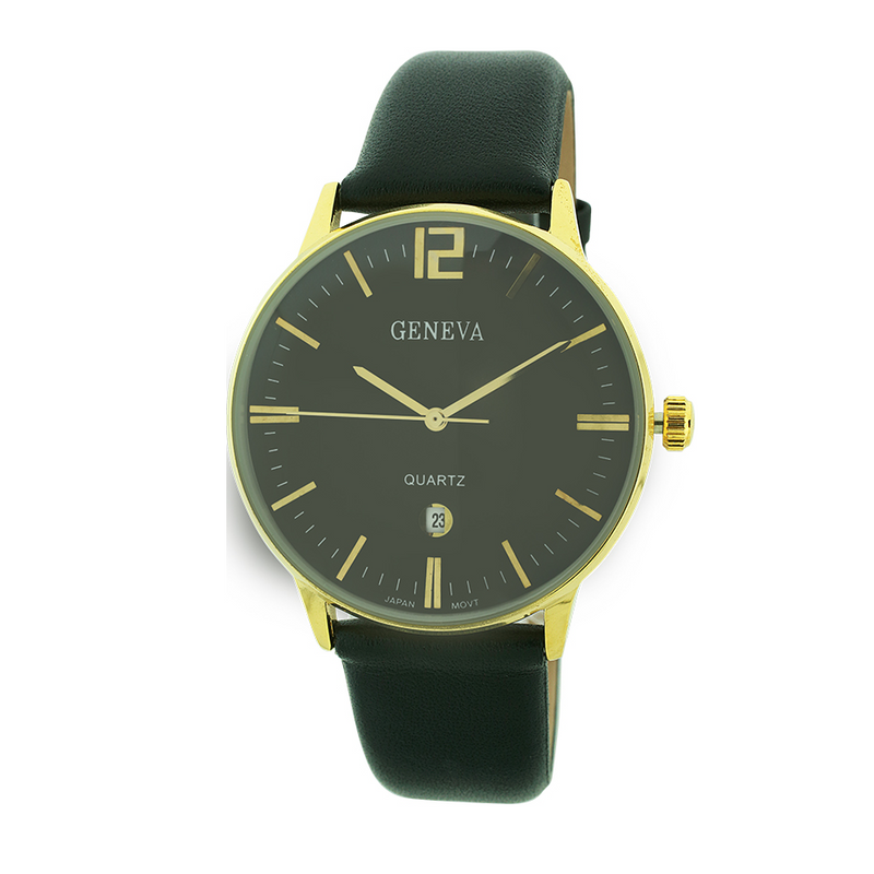 Round Face Men Watch Genuine Leather Band with Date(Black Face)