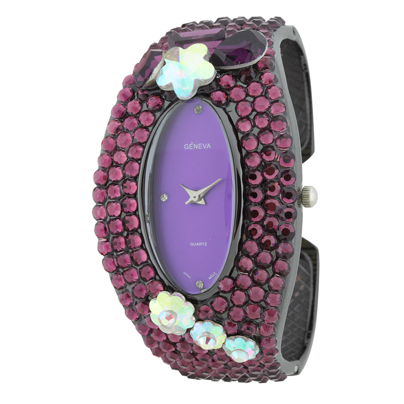 GLITTER CRYSTAL STONES OVAL FACE FLOWER STONE CUFF WATCH COLLECTION