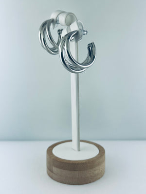 C.Z Rhodium Plated Crystal C Hoop Earring (Three Sizes Choices）