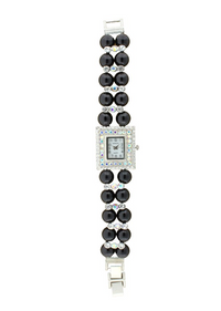 SQUARE FACE WITH CRYSTAL AROUND, 2 ROWS OF PEARLS BRACELET WATCH