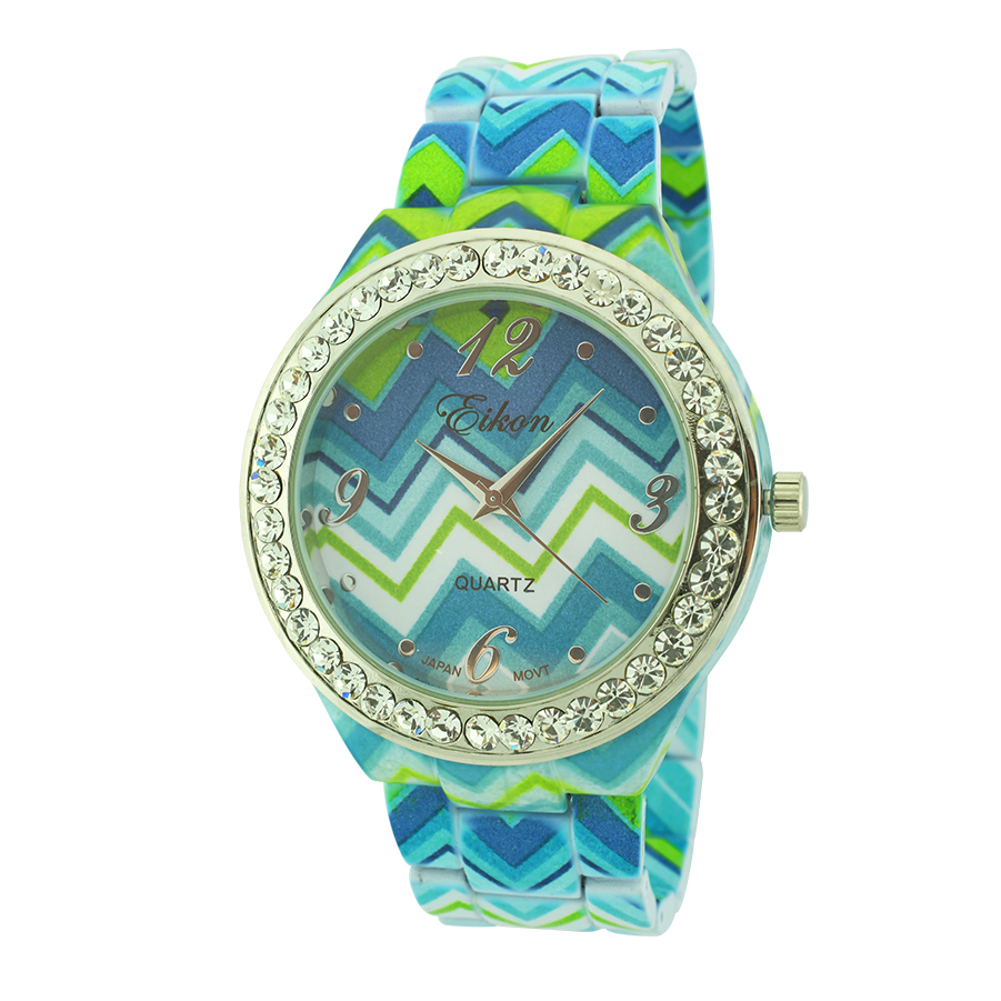 Round Face With Stones Floral Print Ceramic Look Link Watch