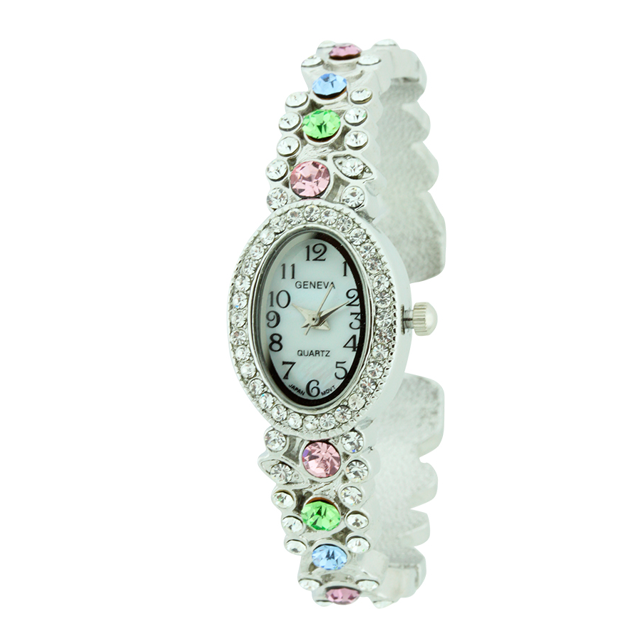 OVAL FACE FANCY CUFF WATCH WITH STONES AROUND（Silver）