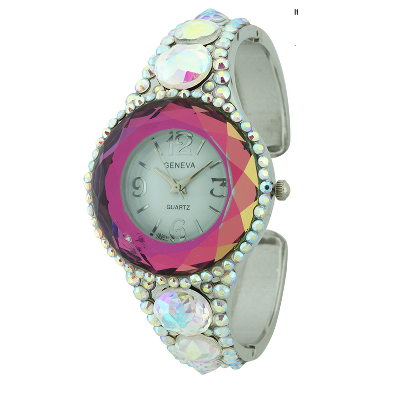 GLITTER CRYSTAL STONES ROUND FACE CUFF WATCH COLLECTION.