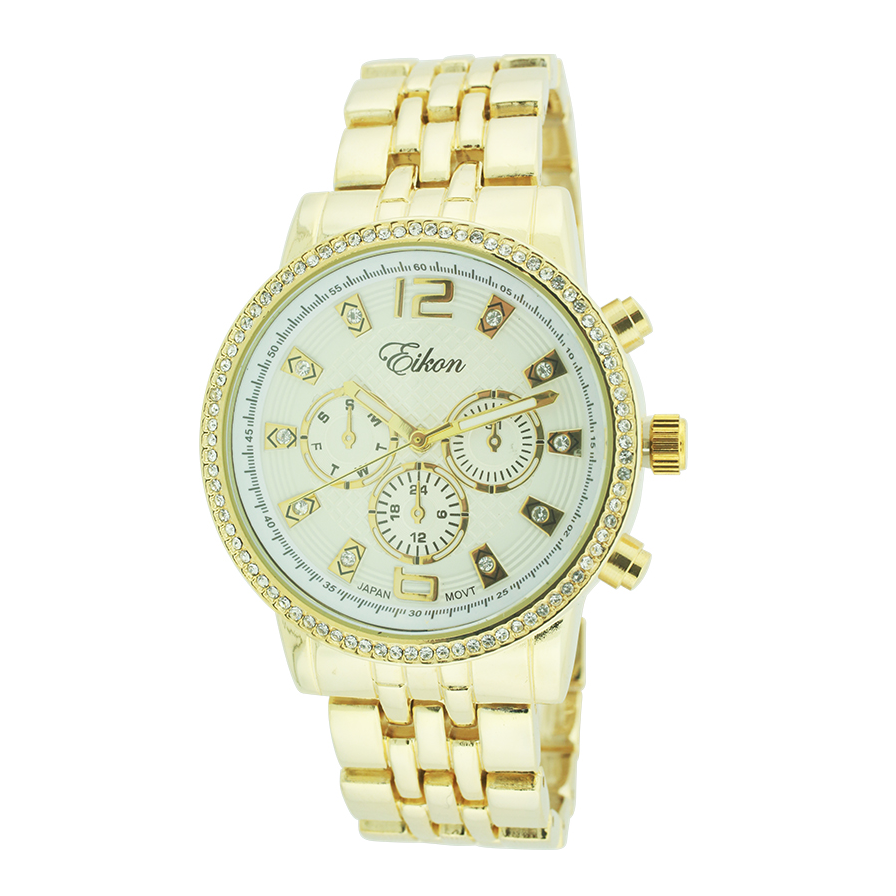 Round Face Stick Dial Link Watch With Stones（Gold）