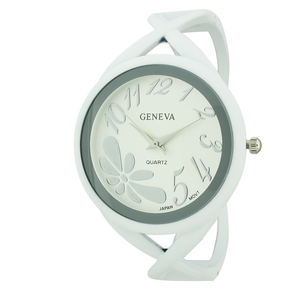 Round Face Cuff Watch With Flower on Left Corner