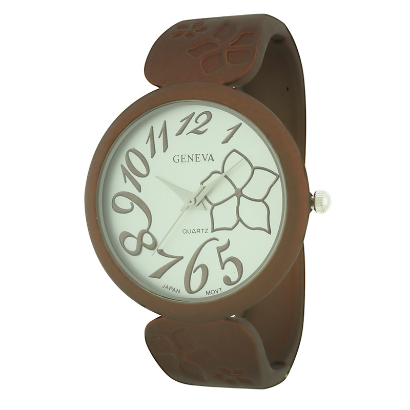 Round Face Matte Finish Cuff Watch With Flower Print