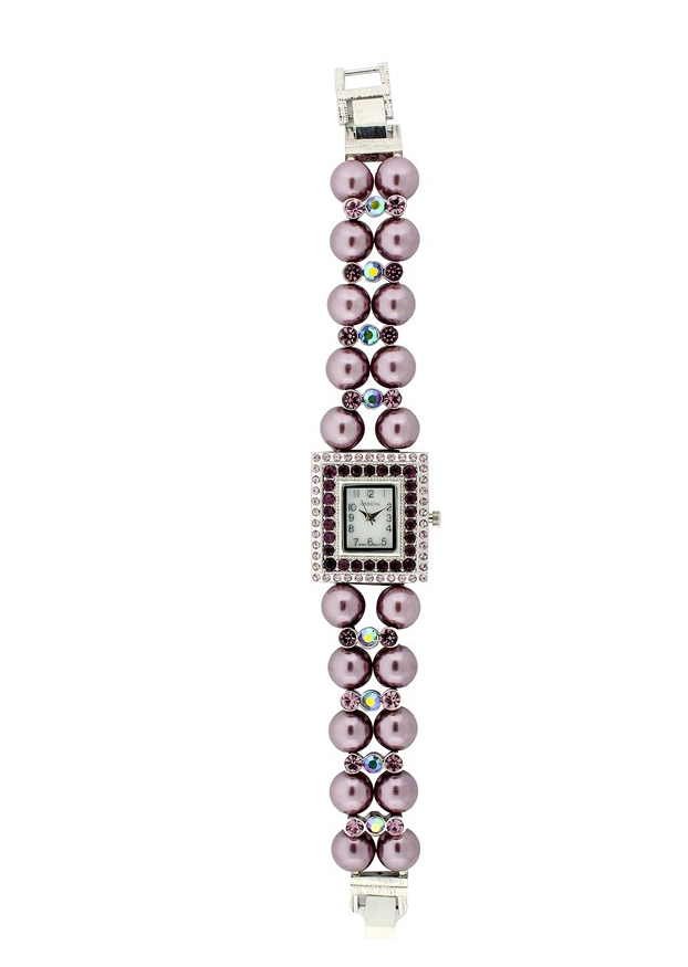 SQUARE FACE WITH CRYSTAL AROUND, 2 ROWS OF PEARLS BRACELET WATCH