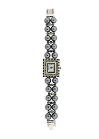 SQUARE FACE WITH CRYSTAL AROUND, 2 ROWS OF PEARLS BRACELET WATCH