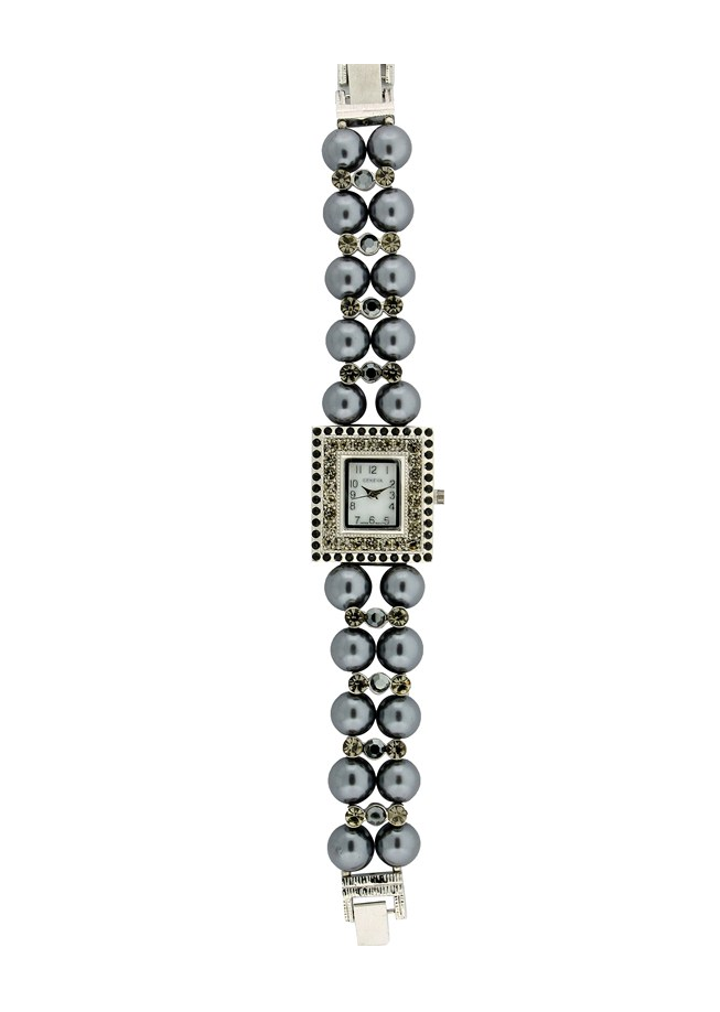 SQUARE FACE WITH CRYSTAL AROUND, 2 ROWS OF PEARLS BRACELET WATCH