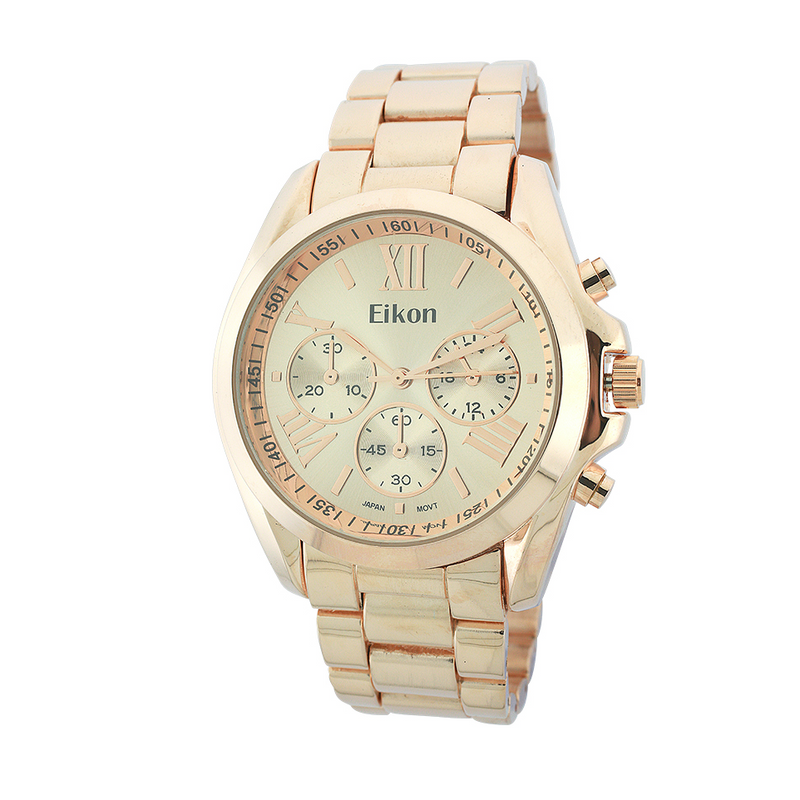 Round Face Roman Numeral Lady Link Watch With 3 Eyes(RoseGold)