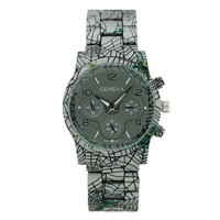 LARGE ROUND FACE MATTE FINISH PLAID PATTERN METAL LINK WATCH