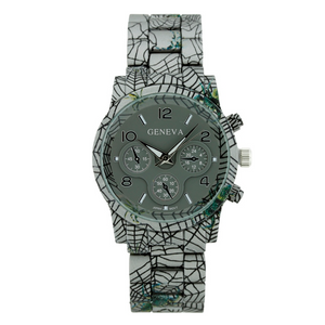 LARGE ROUND FACE MATTE FINISH PLAID PATTERN METAL LINK WATCH