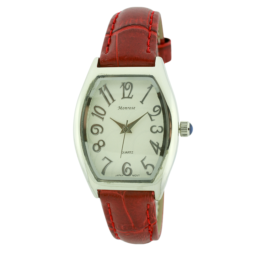 Round Face Arabic Leather Strap Watch, Mother of Pearl and Stones Dial