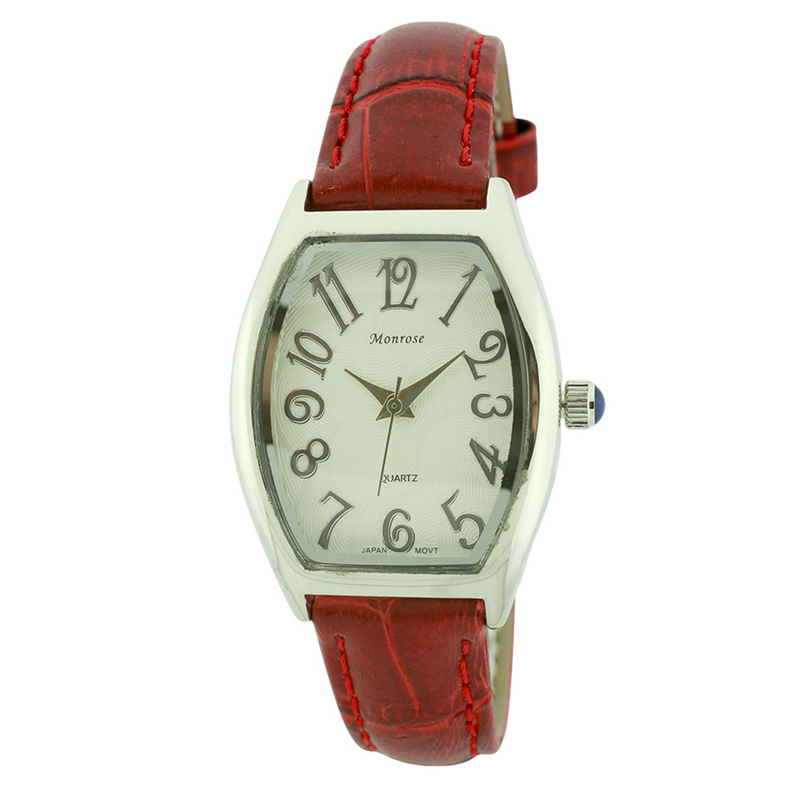 Round Face Arabic Leather Strap Watch, Mother of Pearl and Stones Dial