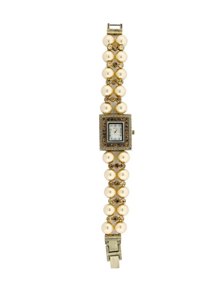 SQUARE FACE WITH CRYSTAL AROUND, 2 ROWS OF PEARLS BRACELET WATCH