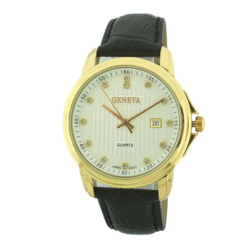 Round Face Genuine Leather Watch, 20M Water Resistant（Gold）