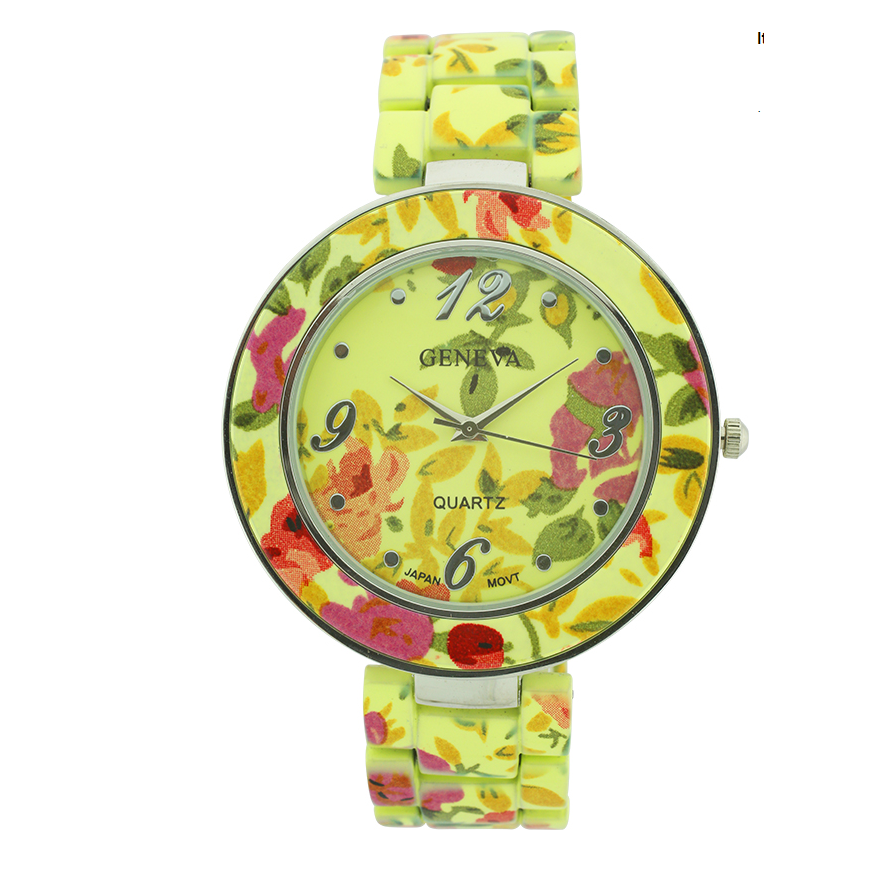 Round Face Floral Print Ceramic Look Link Watch