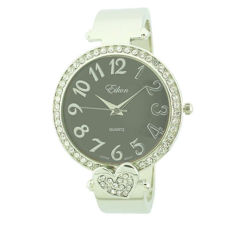 Round Face Arabic Cuff Watch With Heart On Band.